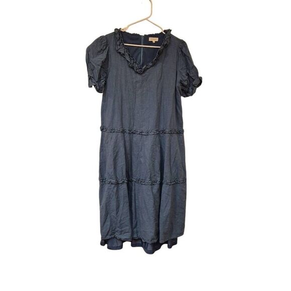 Roolee Women's Stone Blue Linen/Cotton Ruffle Dress - Picture 2 of 11